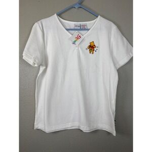 Disney Winnie the Pooh T-Shirt White Knit Top American Flag‎ Patch NWT Y2K Vtg
